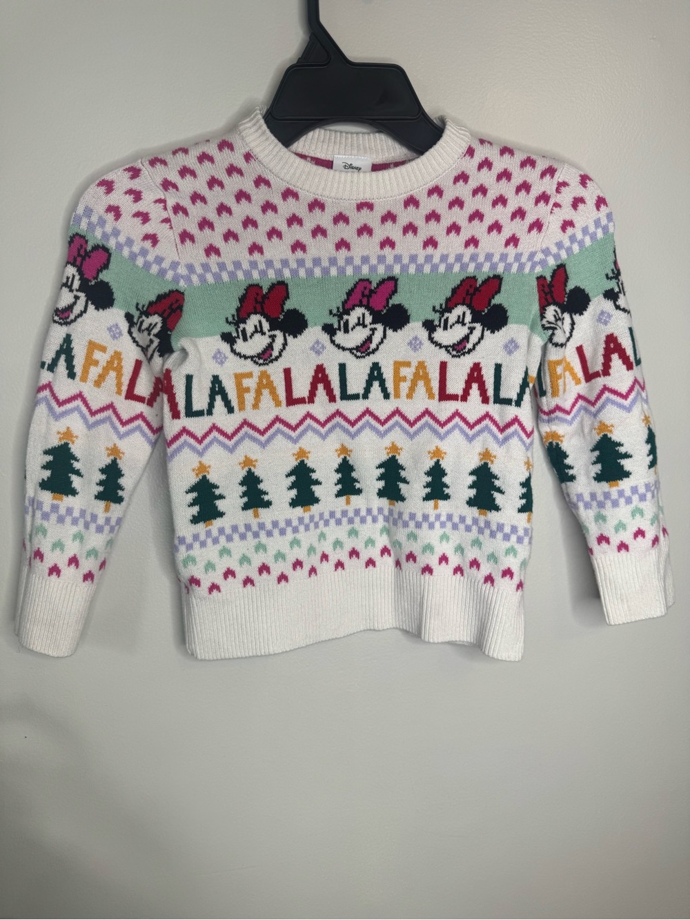 Disney White Minnie Mouse 'Fa La La' Holiday Sweater with Pink and Green Accents
